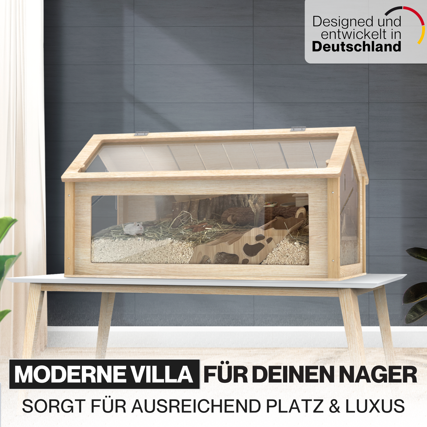 Hamsterkäfig 'Theodore' - Hamstervilla aus Lindenholz und Acrylglas - 100 x 55 x 50cm - Inkl. Hamsterrad