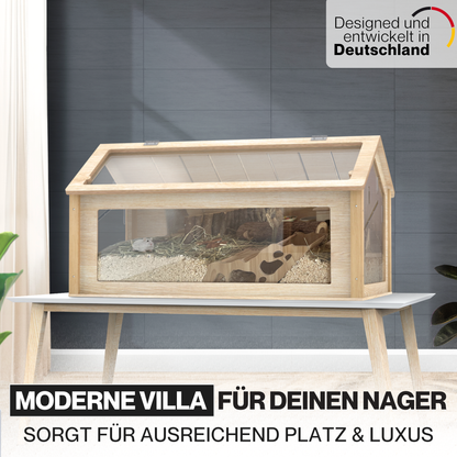 Hamsterkäfig 'Theodore' - Hamstervilla aus Lindenholz und Acrylglas - 100 x 55 x 50cm - Inkl. Hamsterrad